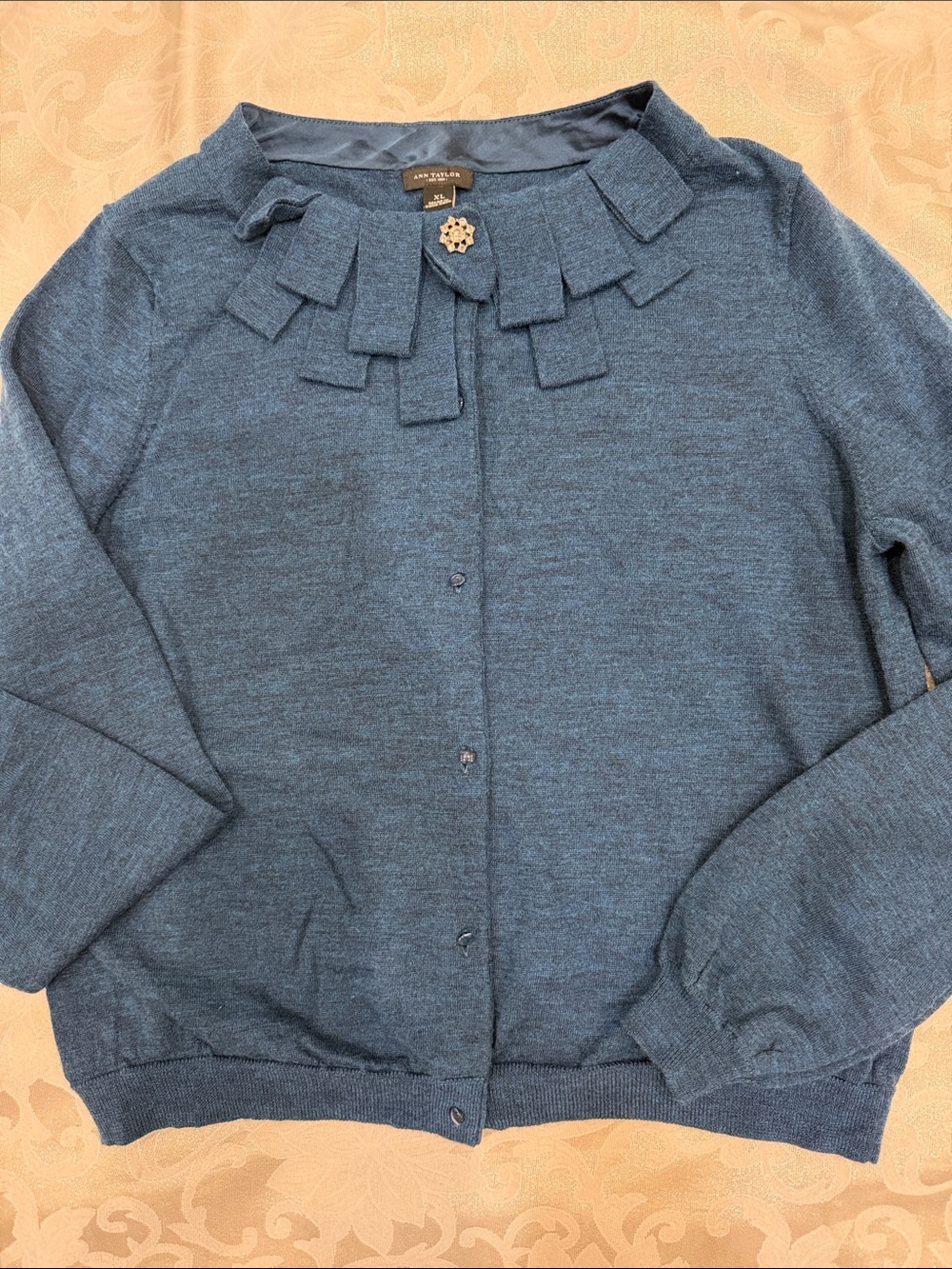 Ann Taylor Slate Blue Ruffle-Collar Button Cardigan. 100% Extrafine Merino Wool